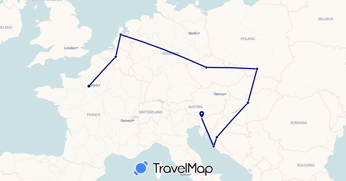 TravelMap itinerary: driving in Belgium, Czech Republic, France, Croatia, Hungary, Netherlands, Poland, Slovenia (Europe)